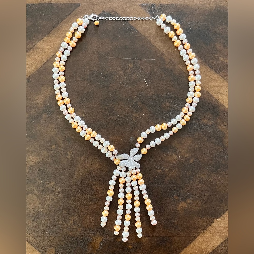 2-Strand Yellow & White Pearl + Sterling Silver Flower Necklace
